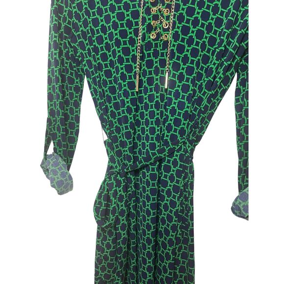 Spense Navy and Green Tie‎ Waist Gold Chain Lace Up Spandex Blend Dress Size S - Picture 4 of 15